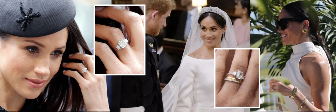 The three-stone ring worn, shown in close-up and on the wedding day with a band beside it