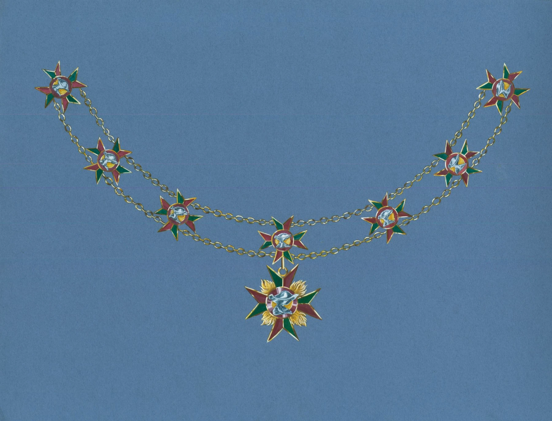 A design drawing in gouache for the collar chain of the Order of the Silver Lady